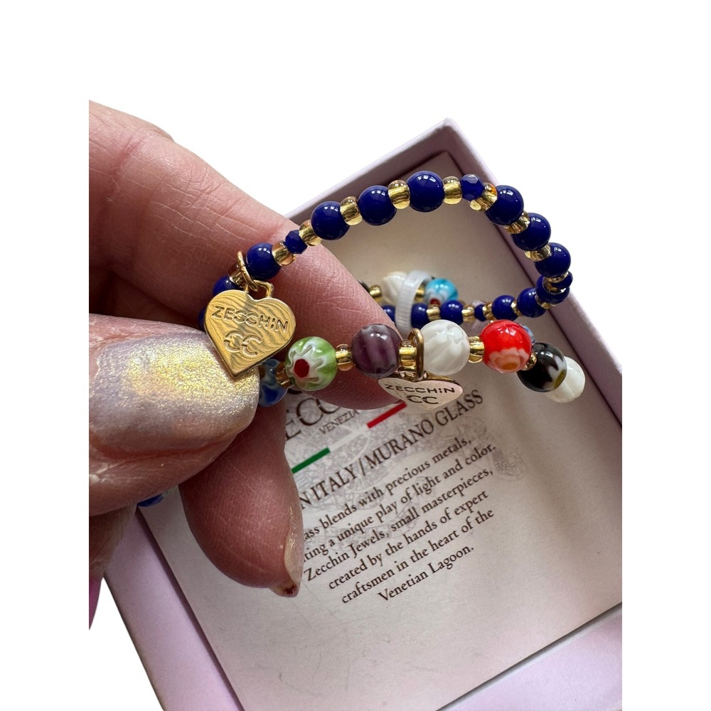 Zecchin Venezia Murano Glass Stretch Bracelets Made in Italy Blue Gold Set of 2 - Picture 5 of 5